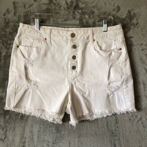 Time and Tru White Denim Shorts Size 14 High Rise Distressed Fringe Hem Summer